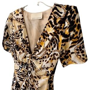 Rebecca Minkoff Silk Knotted V Neck Short Sleeve Mini Dress 2 Animal Novelty